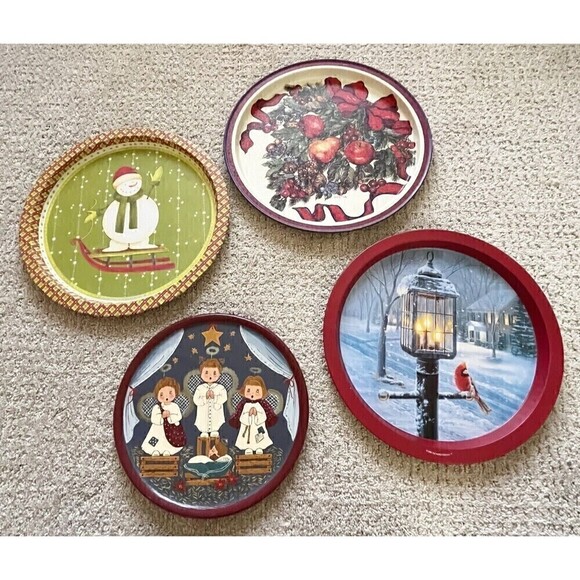 Vintage Christmas Trays Metal Wood Serving Ladas Mumm Cardinal Angel Snow Lot 4x - Picture 1 of 14
